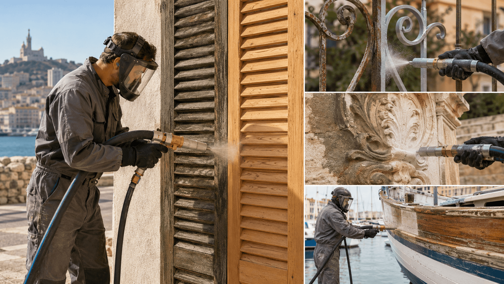 Technicien Aerogom Solution en action — aérogommage à Marseille